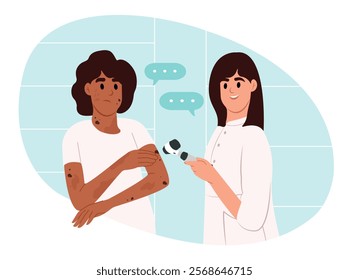 Skin diseases. Diagnosis of skin cancer. The doctor examines the patient's skin diseases using a dermoscope. Vector illustration