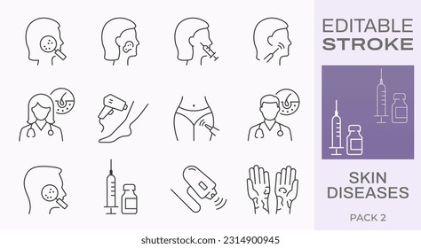 Symbole für Hautkrankheiten wie Ekzem, Psoriasis, Sonnenbrand, Rosazea und mehr. Bearbeitbarer Strich.