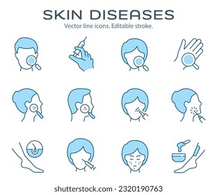 Skin diseases icons, such as psoriasis, sunburn, rosacea, bruise and more. Editable stroke. Change to any size and any colour.