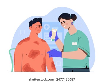 Skin diseases treatment. Female dermatologist applying medicinal cream or lotion to patient inflamed skin. Health care and medicine. Cartoon flat vector illustration isolated on white background