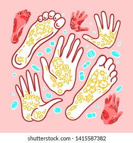 Skin diseases. Vector dermatology set. Eczema, psoriasis, allergy, dermatitis infection of head, foot. Hand drawn graphic group of isolate. Medicine problem, analysis, treatment