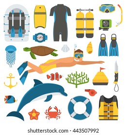 Skin diving icons. Snorkeling set. Snorkeler man with snorkel mask, sea life objects and scuba diving accessories isolated. Summer underwater activity appliances. Skin diver and snorkeling elements.