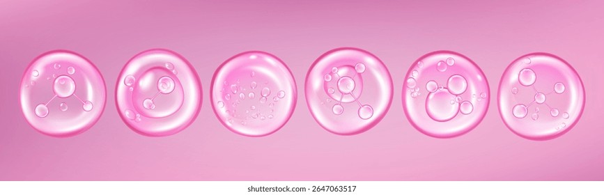Gota de pele. Soro de água rosa. Célula de colágeno 3D em fundo cosmético. Cuidados do átomo molecular para o tratamento do corpo. Estrutura do gel. Óleo sobre gota. Essência de hidratação. Conjunto de elementos de composição de líquido vetorial