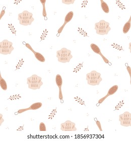 Skin dry brushing. Exfoliation skin with organic products. Seamless pattern for beauty products, spa salon, wrapping paper. Vector illustration in cartoon style.