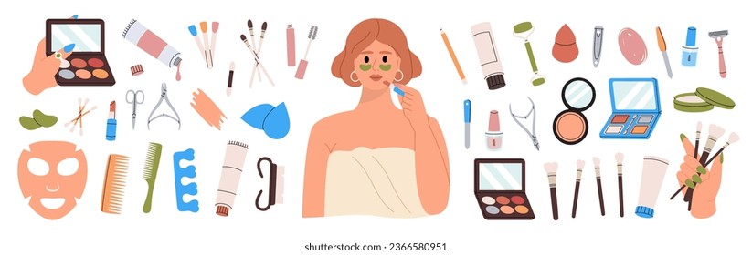 Piel, ojos, labios cosméticos. Herramientas de maquillaje y belleza. Sombra ocular, polvo, pinceles, lápiz labial, lápiz labial, rímel, rubor, espejo, crema.