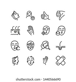 Skin and face line icon set. Woman, rash, hair follicle, cream, acne. Skin care concept. Can be used for topics like cosmetics, beauty salon, dermatology
