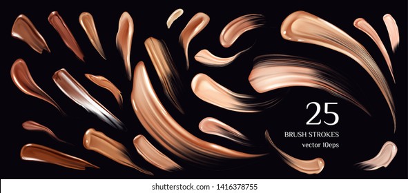 Skin foundation brush strokes collection. Smears of beauty cosmetics elements isolated on black background. Splash trace make up texture cosmetic swatch, smudge sample Realistic 3d vector illustration