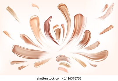 Skin foundation smear brush strokes set. Beauty make up cosmetics texture swatch, smudge elements, abstract splash trace shapes samples isolated on white background. Realistic 3d vector illustration