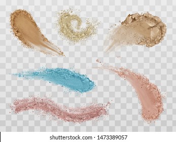 Skin foundation smears, dry powder, eye shadows brush strokes set. Beauty make up cosmetics texture swatch, smudge trace samples isolated on transparent background. Realistic 3d vector illustration