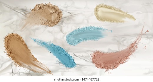 Skin foundation smears, dry powder, eye shadows brush strokes set on marble surface background. Beauty make up cosmetics texture swatch, smudge trace samples palette. Realistic 3d vector illustration