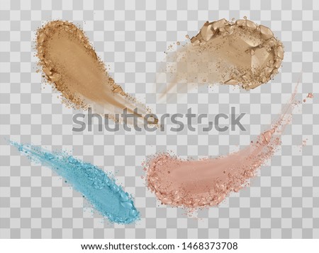 Skin foundation smears, dry powder, eye shadows brush strokes set. Beauty make up cosmetics texture swatch, smudge trace samples isolated on transparent background. Realistic 3d vector illustration