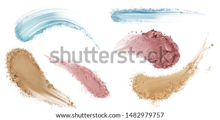 Skin foundation smears, dry powder, eye shadows makeup brush strokes set. Beauty make up cosmetics texture swatch, smudge trace samples isolated on white background. Realistic 3d vector illustration