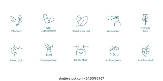 Armonía de la Piel: Colección Icono de Vector para Ácido Hialurónico, Ácido Glicólico, AHA, Carbón, Exfoliante, Colágeno, Suero de la Piel, Vitaminas, Irritantes Libres, Aloe Vera, Loción, Antioxidante, Cruelty Free