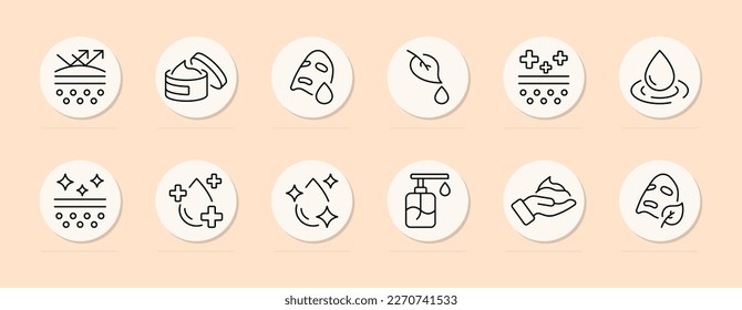 Skin healing icon set. Skin care, moisturizing, Korean cosmetics, delicate skin, cosmetics. Skin healing cocnept. Pastel color background. Vector line icon for business