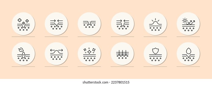 Skin healing icon set. Injury, disinfection, treatment, skin strengthening, skin care, sun protection. Skin care concept. Pastel color background. Vector line icon for business