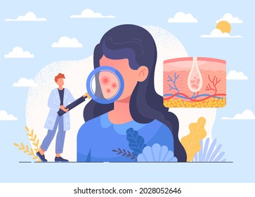 Skin health care and dermatology abstract concept. Dermatologist examining female patients face. Doctor male character cheking for Acne, cancer or allergy diagnosis. Flat cartoon vector illustration