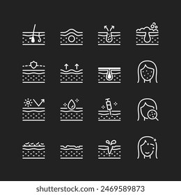 Skin health icons, white lines on black background. Protection, care, moisturizing, treatments. Customizable line thickness