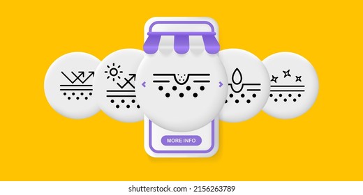 Skin hydration set icon. Skin care cream, sunscreen, pore cleaning, acne protection. Moisturizing the skin. UI phone app screens with people. Vector line icon for Business and Advertising