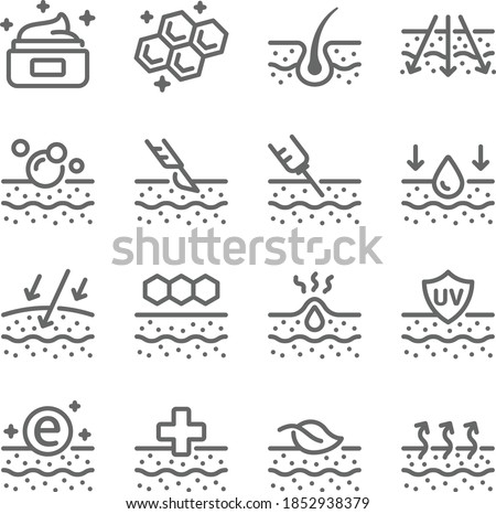 Skin icon illustration vector set. Contains such icon as Treatment, Moisture, Dermatology, Skincare, Botox, and more. Expanded Stroke