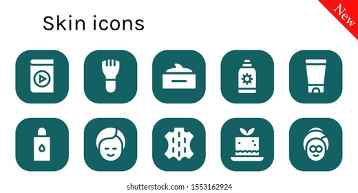 skin icon set. 10 filled skin icons.  Simple modern icons about  - Media player, Makeup, Hair mask, Sun cream, Gel, Body oil, Skin, Mousse, Spa