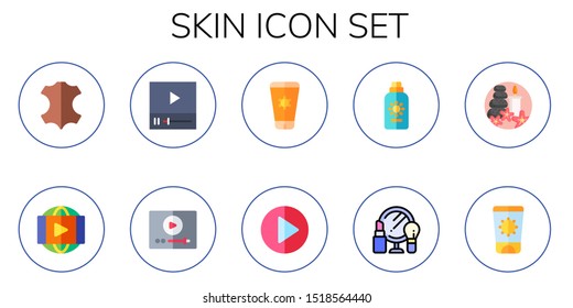 skin icon set. 10 flat skin icons.  Simple modern icons about  - leather, video player, sun lotion, sun cream, makeup, spa