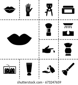 Skin icon. set of 13 filled skinicons such as cream tube, cream box, shaving brush, hair removal, lips, brush, liquid soap, love, hair, injured finger