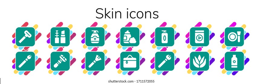 skin icon set. 14 filled skin icons. Included Razor, Makeup, Make up, Gel, Foam, Cosmetics, Media player, Aloe vera, Shampoo icons