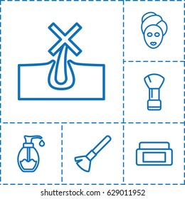 Skin icon. set of 6 skin outline icons such as cream box, shaving brush, no hair in skin, spa mask
