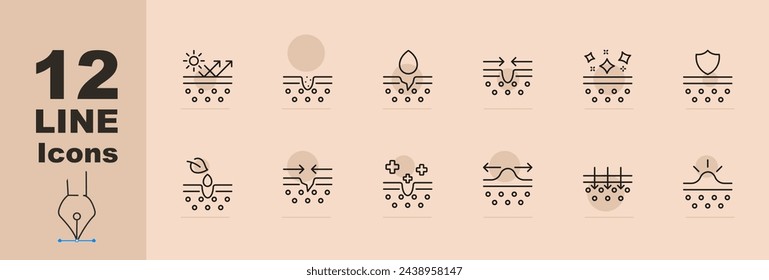 Skin icon set. Natural cosmetics, protection, restoration, plus, medicine, acne, ointment. Pastel color background. Vector line icon for Business