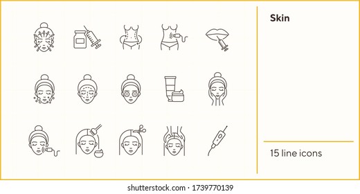 Skin icon set. Organic mask, weight loss, face, needle. Skin care concept. Can be used for topics like beauty or hairdressing salon, rejuvenation, beautician