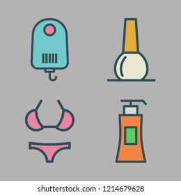 skin icon set. vector set about shaver, nail polish, liquid soap and bikini icons set.