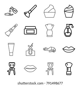Skin icons. set of 16 editable outline skin icons such as cream box, shaving brush, hair removal, lips, cream, liquid soap, soap, alligator, cream tube, no hair in skin