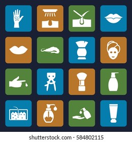 skin icons set. Set of 16 skin filled icons such as alligator, cream tube, shaving brush, shave hair in skin, hair removal, lips, spa mask, brush, bottle soap, liquid soap