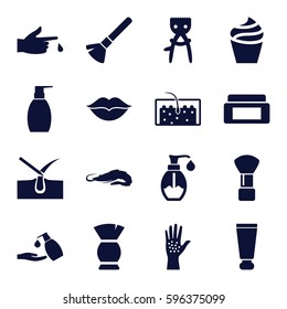 skin icons set. Set of 16 skin filled icons such as alligator, cream tube, cream box, shaving brush, shave hair in skin, hair removal, cream, brush, bottle soap, liquid soap