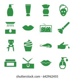 Skin icons set. set of 16 skin filled icons such as alligator, cream tube, cream box, shaving brush, shave hair in skin, hair removal, lips, cream, spa mask, brush