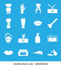 Skin icons set. set of 16 skin filled icons such as alligator, cream tube, cream box, shaving brush, lips, spa mask, brush, bottle soap, liquid soap, love