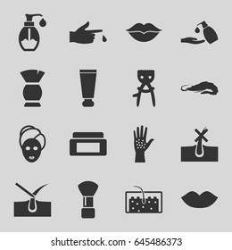Skin icons set. set of 16 skin filled icons such as alligator, cream tube, cream box, shaving brush, lips, spa mask, brush, liquid soap, soap, love, injured finger