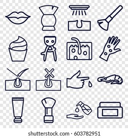 Skin icons set. set of 16 skin outline icons such as alligator, cream tube, cream box, shaving brush, cream, brush, liquid soap, love, injured finger