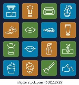 Skin icons set. set of 16 skin outline icons such as alligator, cream tube, cream box, shaving brush, no hair in skin, hair removal, lips, cream, spa mask, brush, bottle soap