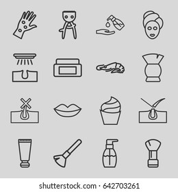 Skin icons set. set of 16 skin outline icons such as alligator, cream tube, cream box, shaving brush, hair removal, lips, cream, spa mask, brush, bottle soap, liquid soap