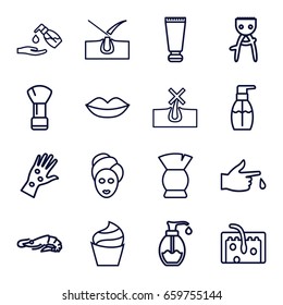 Skin icons set. set of 16 skin outline icons such as alligator, cream tube, shaving brush, lips, cream, spa mask, brush, bottle soap, liquid soap, soap, injured finger