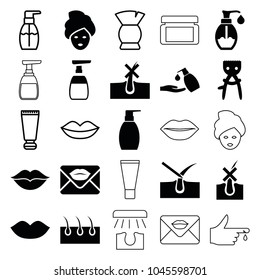 Skin icons. set of 25 editable filled and outline skin icons such as lips, bottle soap, liquid soap, soap, love, cream tube, brush, spa mask, cream box