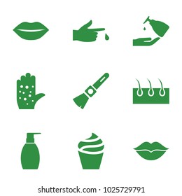 Skin icons. set of 9 editable filled skin icons such as cream, bottle soap, love, injured finger, shaving brush, lips, liquid soap, hair