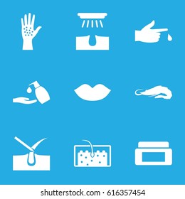 Skin icons set. set of 9 skin filled icons such as alligator, cream box, shave hair in skin, hair removal, lips, liquid soap, hair, injured finger