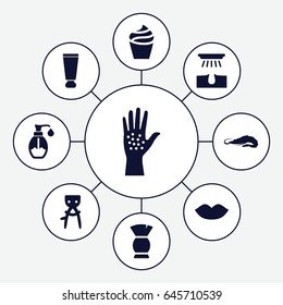 Skin icons set. set of 9 skin filled icons such as alligator, cream tube, hair removal, lips, cream, brush, soap