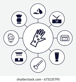 Skin icons set. set of 9 skin filled and outline icons such as cream tube, shave hair in skin, hair removal, brush, liquid soap, cream box, shaving brush, spa mask