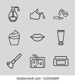 Skin icons set. set of 9 skin outline icons such as cream tube, cream box, shaving brush, cream, liquid soap, soap, love, hair