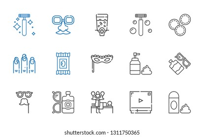 skin icons set. Collection of skin with foam, video player, massage, sun lotion, mask, makeup remover wipes, nails, razor, dispenser, face mask. Editable and scalable skin icons.
