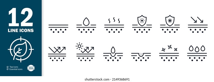 Skin influence icons set. Protection of the skin from the sun, cold, moisture. Ray protection. Skin restoration. vector eps 10