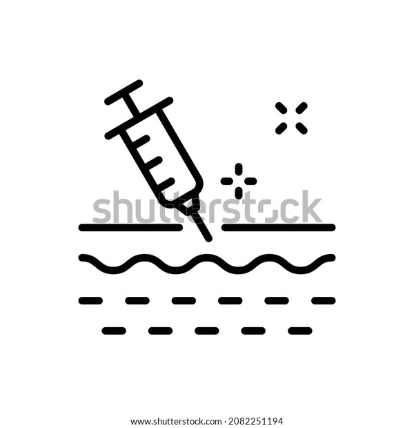 Skin Injection Line Icon. Syringe and\
Structure of Skin Linear Pictogram. Medical, Dermatology Treatment\
Vaccine, Filler, Hyaluronic Acid Outline Icon. Editable Stroke.\
Isolated Vector\
Illustration.